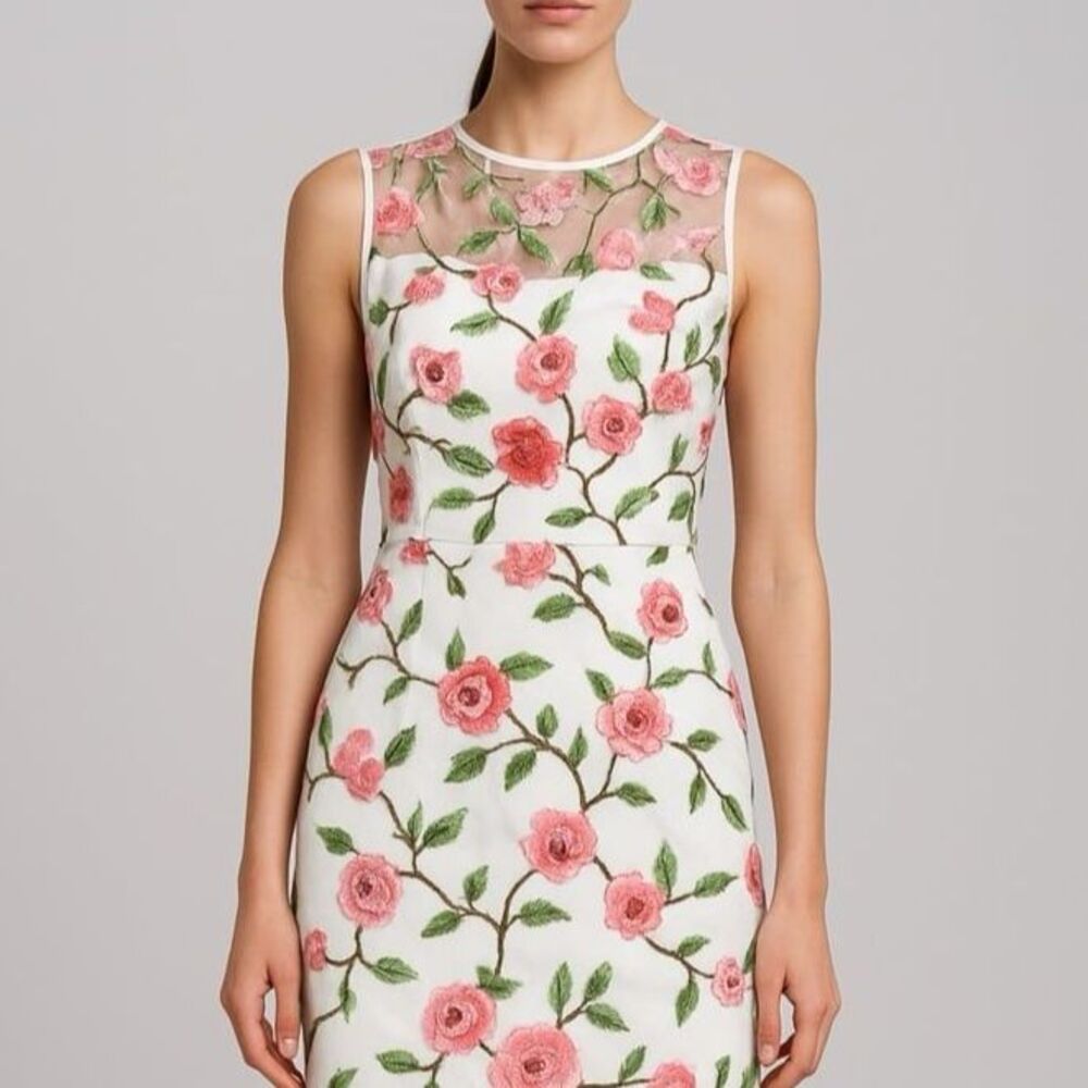 Premier Amour Cherry Blossom Embroidered Sheer Mesh Cocktail Dress 2 NWT